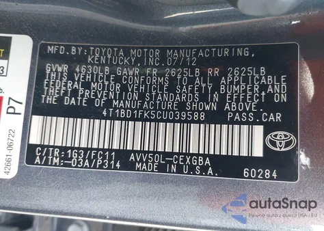 2012 Toyota Camry Hybrid Xle z USA, uszkodzony, nr VIN 4T1BD1FK5CU039588